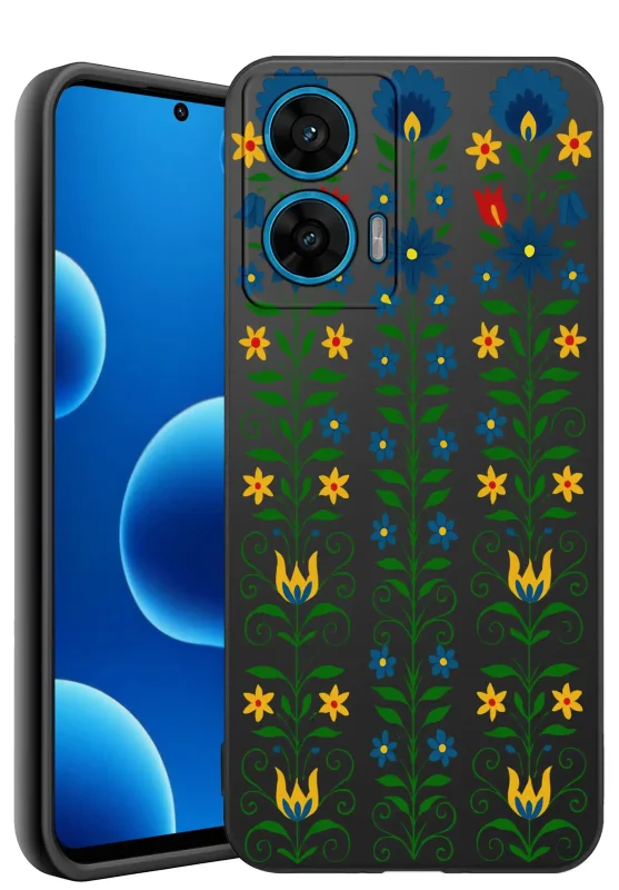 Etui ze wzorem ludowym do Motorola Moto G96 5G z kolorowym kwiatowym ornamentem, czarne silikonowe matowe plecki z folkową grafiką