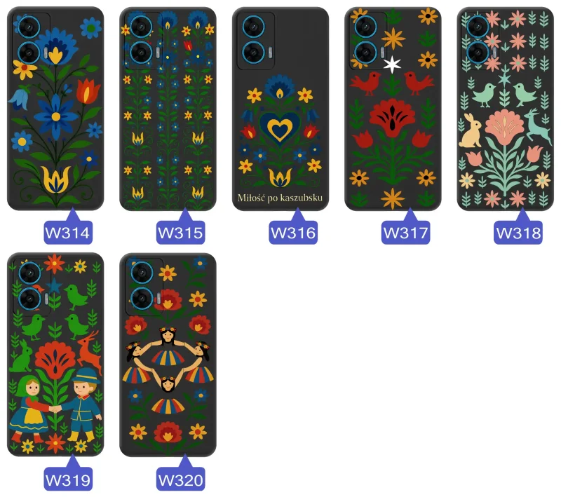 Etui ludowe do Motorola Moto G96 5G – kaszubskie i łowickie inspiracje, kwiaty, serca i tradycyjne kompozycje