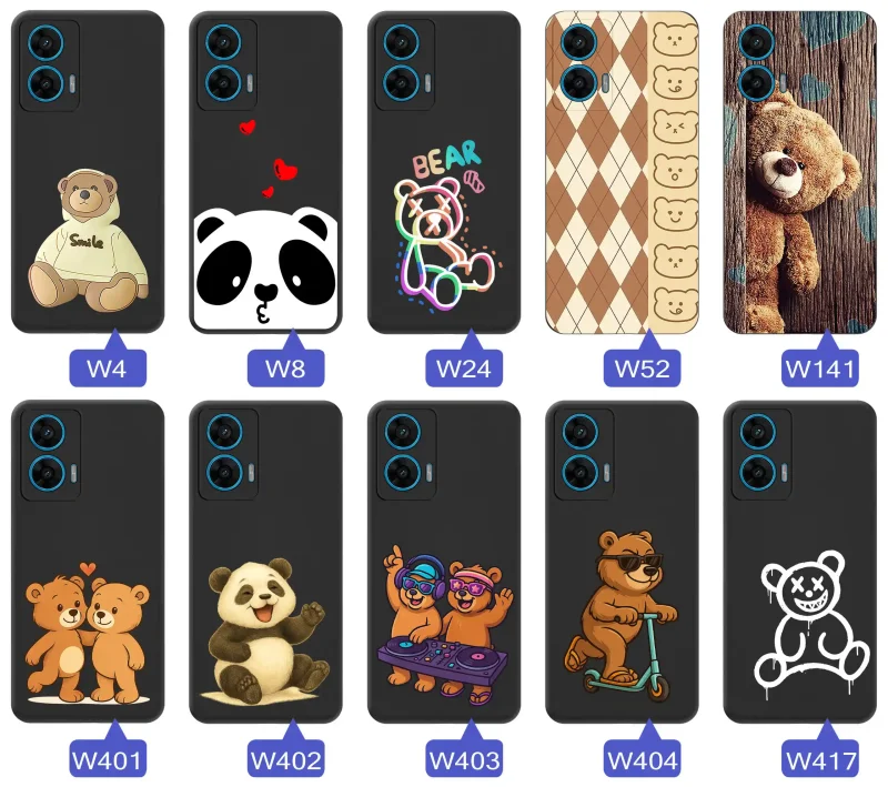 Kolekcja wzorów z misiem na etui do Motorola Moto G96 5G, różne grafiki misiów, pandy, koale