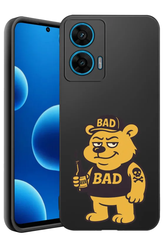 Etui z misiem do Motorola Moto G96 5G z nadrukiem żółtego misia w czapce, czarne silikonowe matowe plecki z zabawną grafiką
