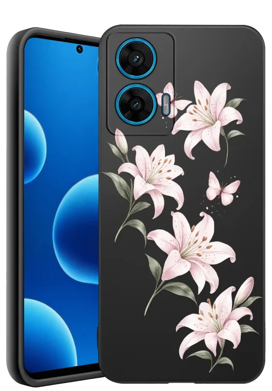Etui wiosenne do Motorola Moto G96 5G z różowymi liliami i motylkami, czarne silikonowe plecki z kwiatową grafiką