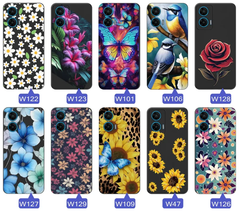 Etui wiosenne do Motorola Moto G96 5G z różnymi grafikami kwiatów, owoców, motyli i ptaków, kolekcja kolorowych wzorów na telefon.