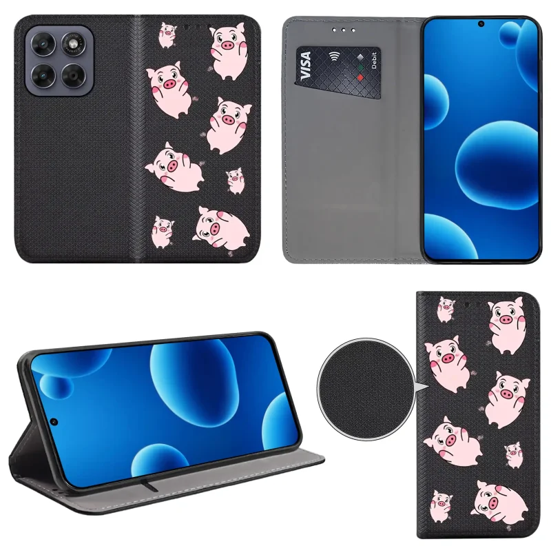 Etui książkowe do Motorola Moto G67 5G / G77 5G z nadrukiem świnek, widok przodu i tyłu, kieszonka na kartę oraz funkcja podstawki