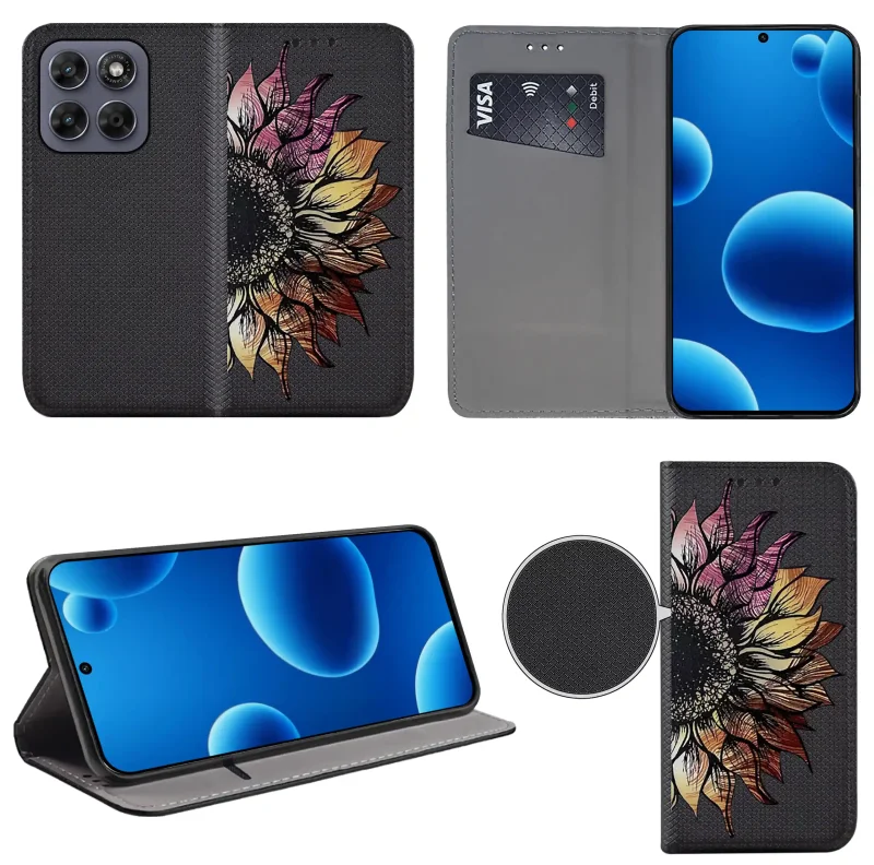 Etui książkowe do Motorola Moto G67 5G / G77 5G z kwiatem, widok przodu i tyłu, kieszonka na kartę oraz funkcja podstawki