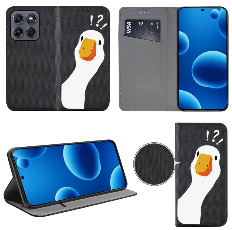 Etui książkowe do Motorola Moto G67 5G / G77 5G z gąską, widok przodu i tyłu, kieszonka na kartę oraz funkcja podstawki