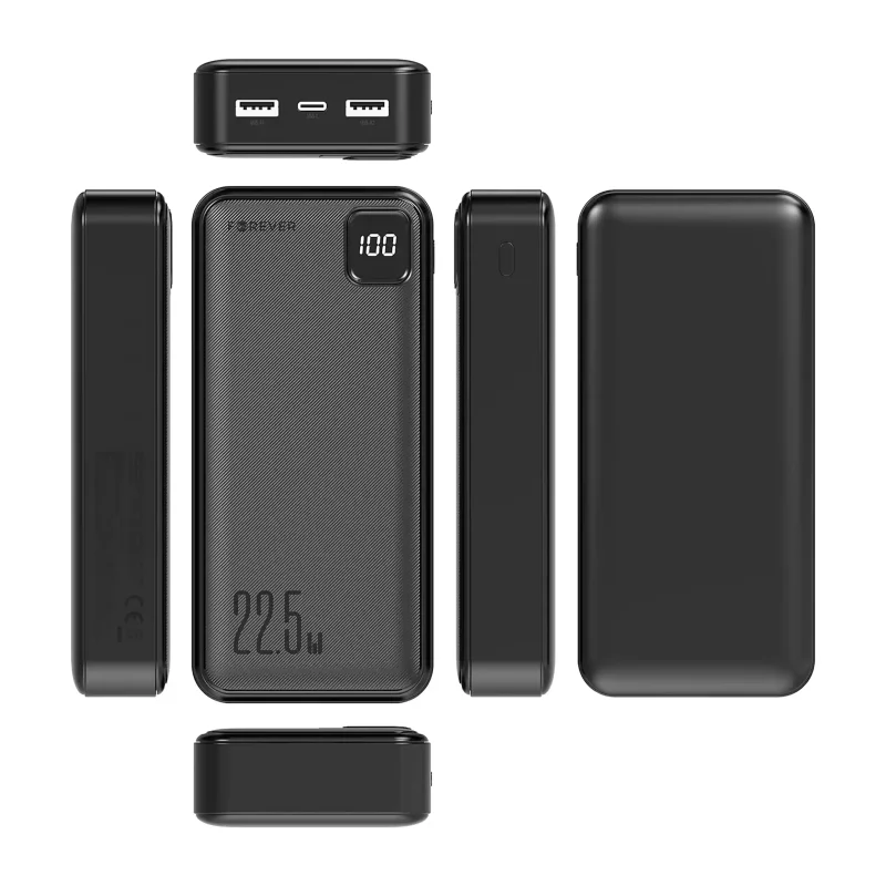 Widok powerbanku Forever 20000 mAh 22,5W z kilku stron, pokazujący obudowę, porty i ekran LED