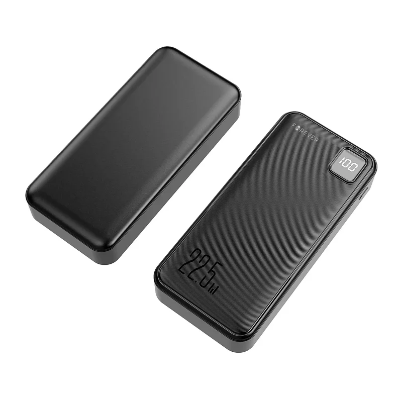 Powerbank Forever 20000 mAh 22,5W pokazany z przodu i z tyłu, z czarną obudową
