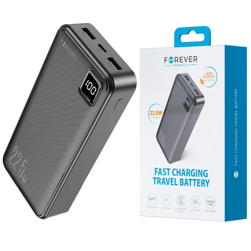 Powerbank Forever 20000 mAh 22,5W z opakowaniem, wyświetlaczem LED i portami USB-A oraz USB-C