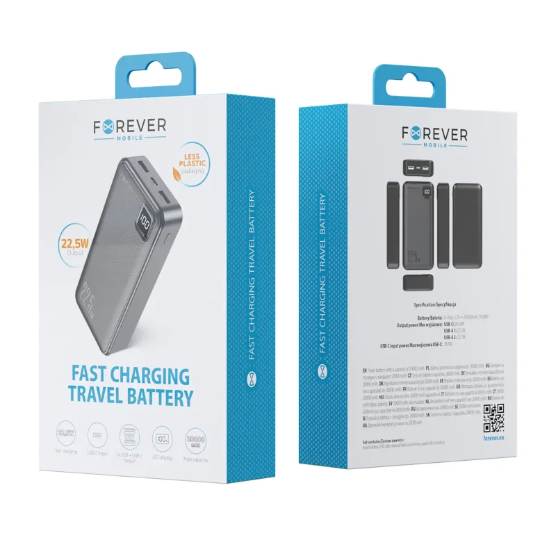Opakowanie powerbanku Forever 20000 mAh 22,5W z widoczną specyfikacją produktu
