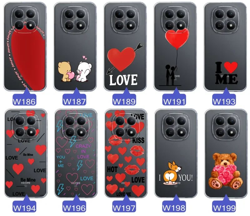 Kolekcja wzorów walentynkowych na case do Xiaomi Redmi Note 15 5G: kolorowe serca, napisy love, kwiaty, misie, pies