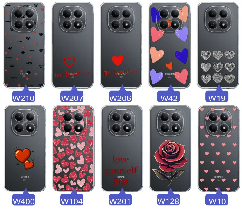 Różne wzory walentynkowe na case do Xiaomi Redmi Note 15 5G motywy miłosne: serca, romantyczne napisy, kwiaty, misie