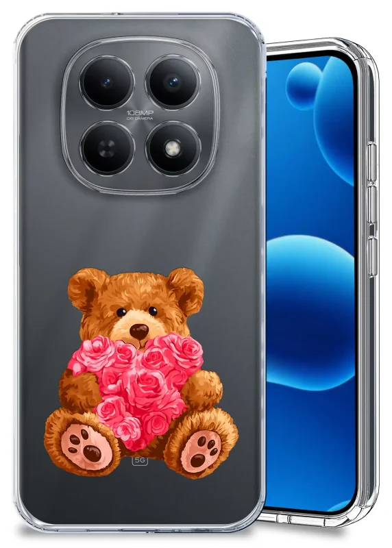 Przezroczyste etui walentynkowe do Xiaomi Redmi Note 15 5G z grafiką misia trzymającego serce z róż