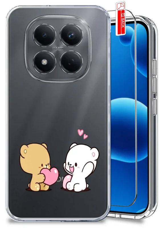 Przezroczyste etui walentynkowe do Xiaomi Redmi Note 15 Pro 4G z grafiką dwóch misiów z serduszkami oraz szkłem ochronnym w zestawie