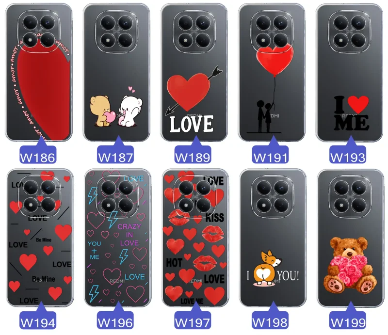 Kolekcja wzorów walentynkowych na case do Xiaomi Redmi Note 15 Pro 5G: kolorowe serca, napisy love, kwiaty, misie, pies
