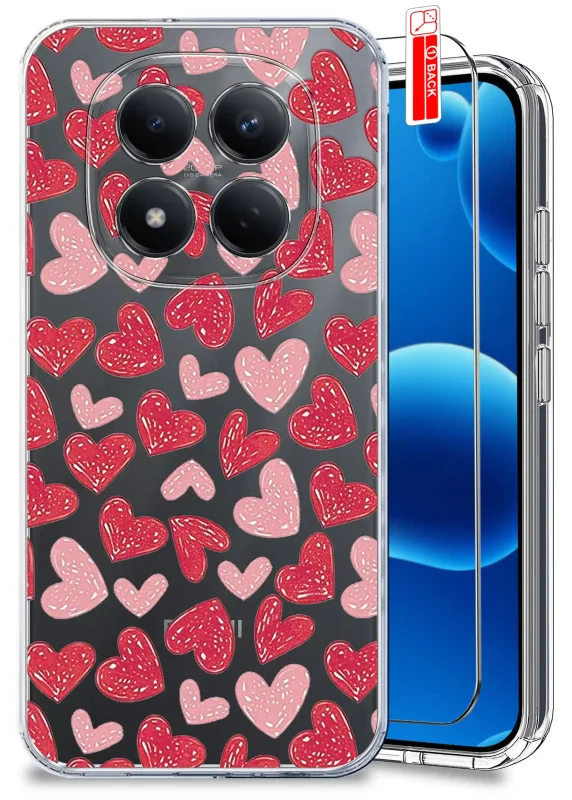 Przezroczyste etui walentynkowe do Xiaomi Redmi Note 15 Pro 5G z serduszkami oraz szkłem ochronnym w zestawie