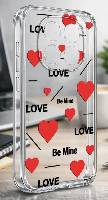 Przezroczyste etui do Xiaomi Redmi Note 15 5G z walentynkowym wzorem czerwonych serc i napisami Love oraz Be Mine