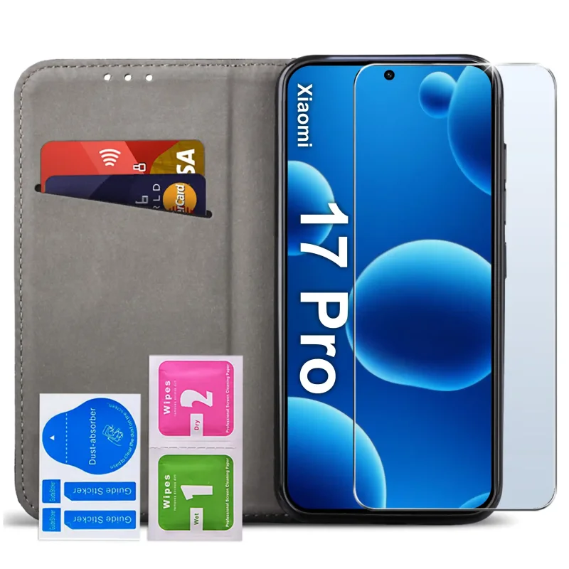 Skórzane etui z klapką do Xiaomi 17 Pro z kieszonką na karty, szkłem ochronnym i akcesoriami montażowymi