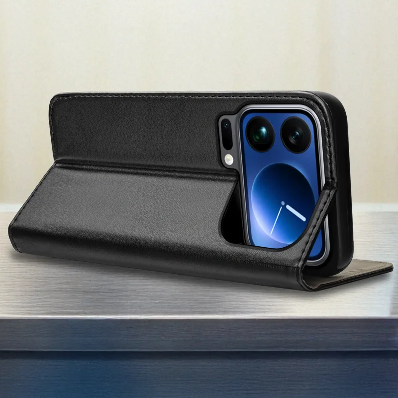 Czarne skórzane etui z klapką do Xiaomi 17 Pro z funkcją stojaka i wycięciem na wyspę aparatów