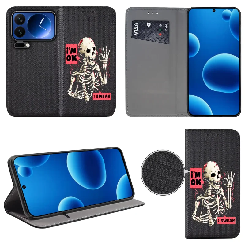Etui książkowe do Xiaomi 17 Pro z nadrukiem szkieletu, widok przodu i tyłu, kieszonka na kartę oraz funkcja podstawki