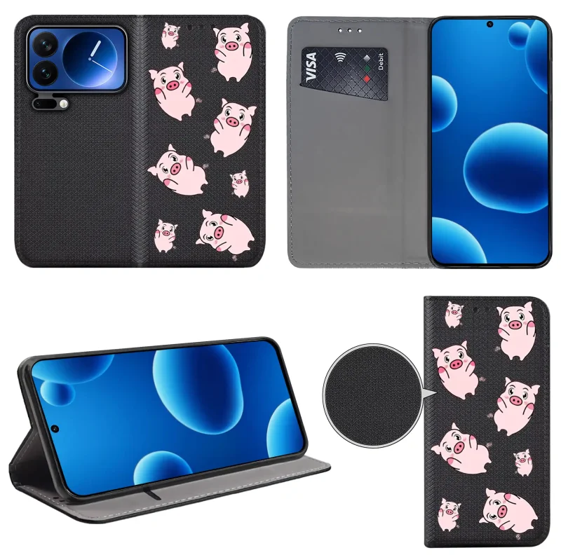Etui książkowe do Xiaomi 17 Pro z nadrukiem świnek, widok przodu i tyłu, kieszonka na kartę oraz funkcja podstawki