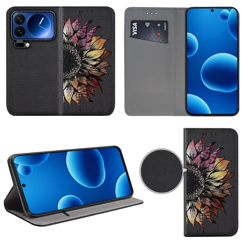 Etui książkowe do Xiaomi 17 Pro z kwiatem, widok przodu i tyłu, kieszonka na kartę oraz funkcja podstawki
