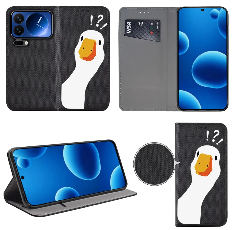 Etui książkowe do Xiaomi 17 Pro z gąską, widok przodu i tyłu, kieszonka na kartę oraz funkcja podstawki