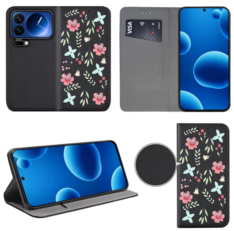 Etui książkowe do Xiaomi 17 Pro z damskim wzorem, widok przodu i tyłu, kieszonka na kartę oraz funkcja podstawki