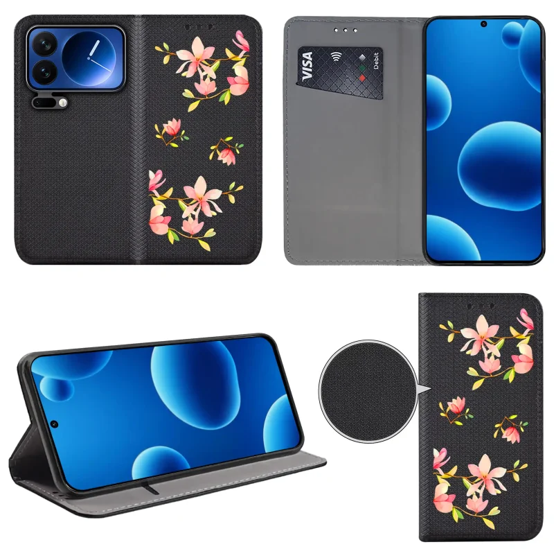 Etui książkowe do Xiaomi 17 Pro z kobiecym wzorem, widok przodu i tyłu, kieszonka na kartę oraz funkcja podstawki