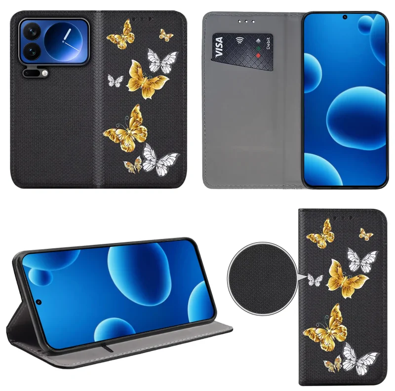 Etui książkowe do Xiaomi 17 Pro z kolorowym wzorem, widok przodu i tyłu, kieszonka na kartę oraz funkcja podstawki