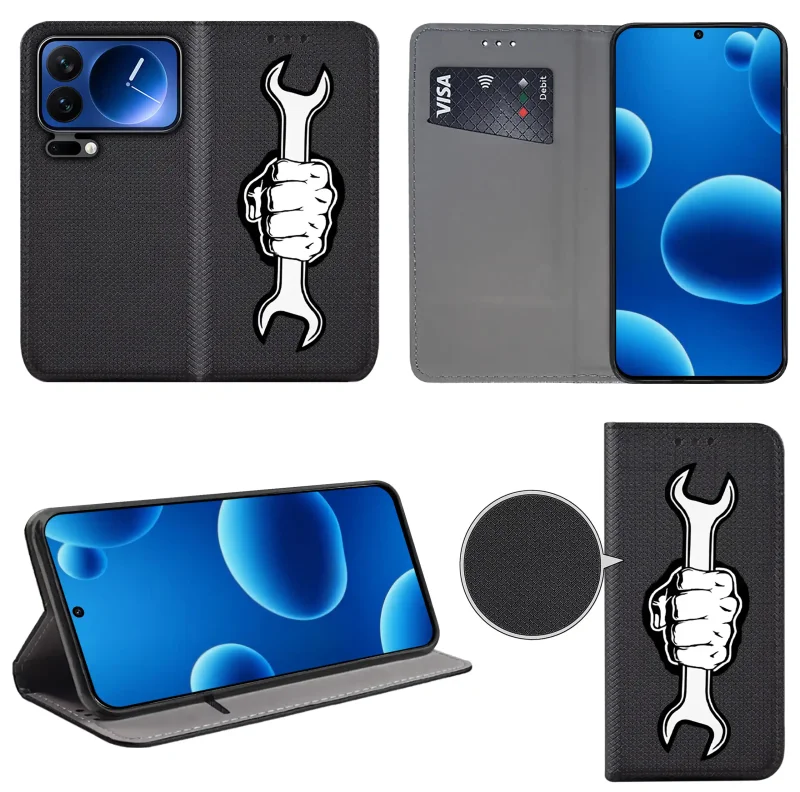 Etui książkowe do Xiaomi 17 Pro Max z męskim wzorem, widok przodu i tyłu, kieszonka na kartę oraz funkcja podstawki