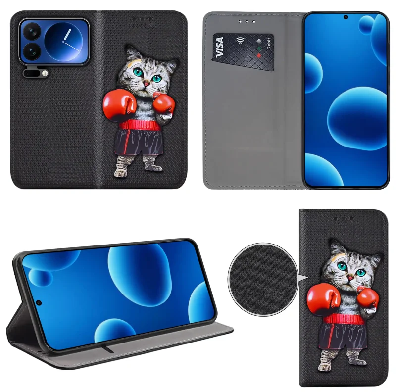 Etui książkowe do Xiaomi 17 Pro Max z kotem, widok przodu i tyłu, kieszonka na kartę oraz funkcja podstawki
