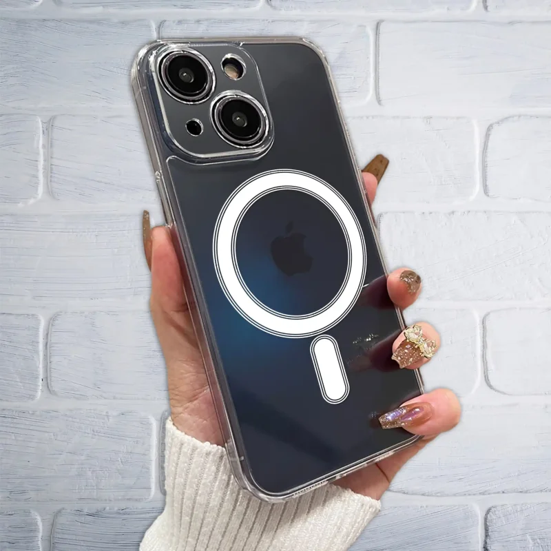 Etui magnetyczne przezroczyste do iPhone 15 elegancki wygląd smartfona w dłoni