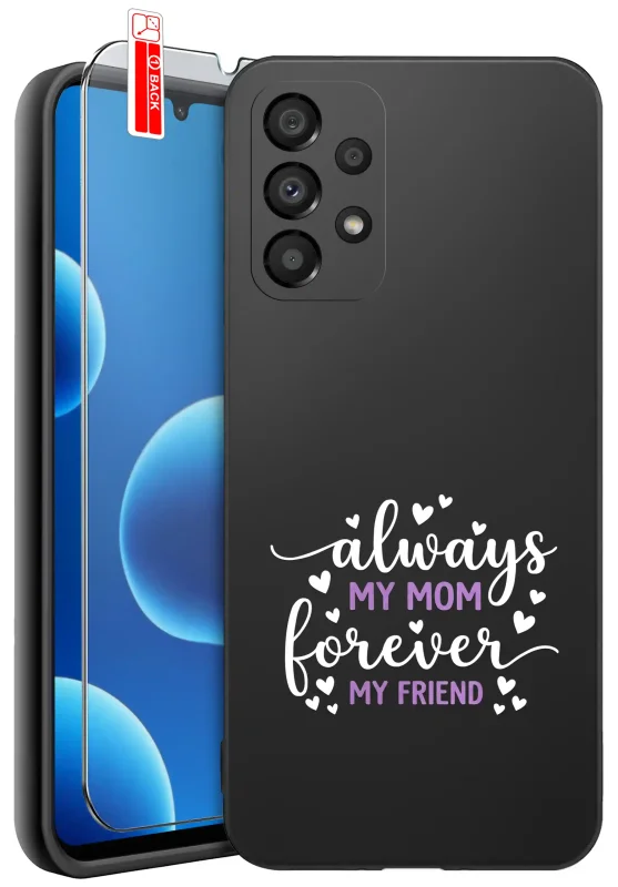 Etui dla Mamy do Samsung Galaxy A32 5G z napisem Always my mom, forever my friend: czarne matowe wykończenie oraz szkło hartowane 9H w zestawie