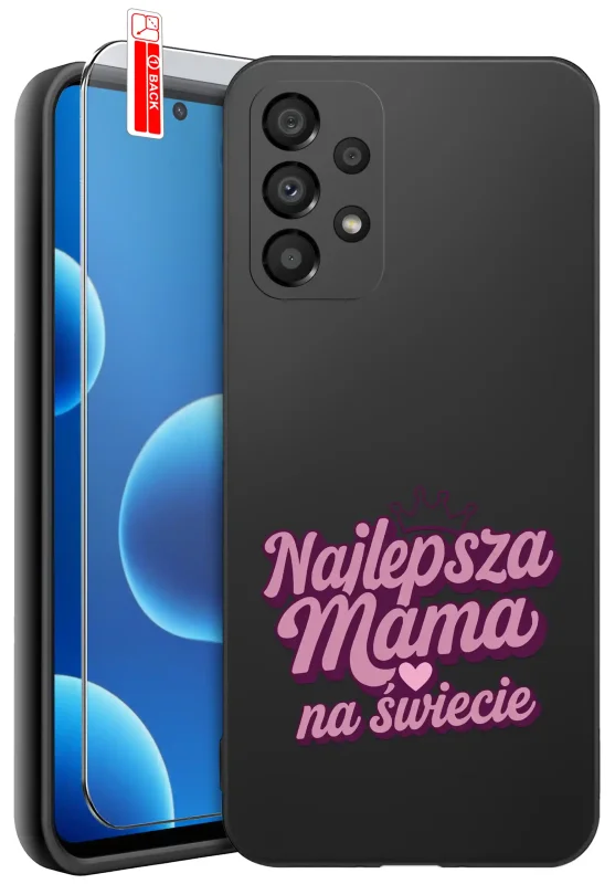 Etui dla Mamy do Samsung Galaxy A52 / A52s 5G z różowym nadrukiem Najlepsza Mama Na Świecie: czarne matowe wykończenie oraz szkło hartowane 9H w zestawie