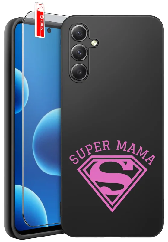 Etui dla Mamy do Samsung Galaxy A55 5G z  różowym nadrukiem Super Mama: czarne matowe wykończenie oraz szkło hartowane 9H w zestawie