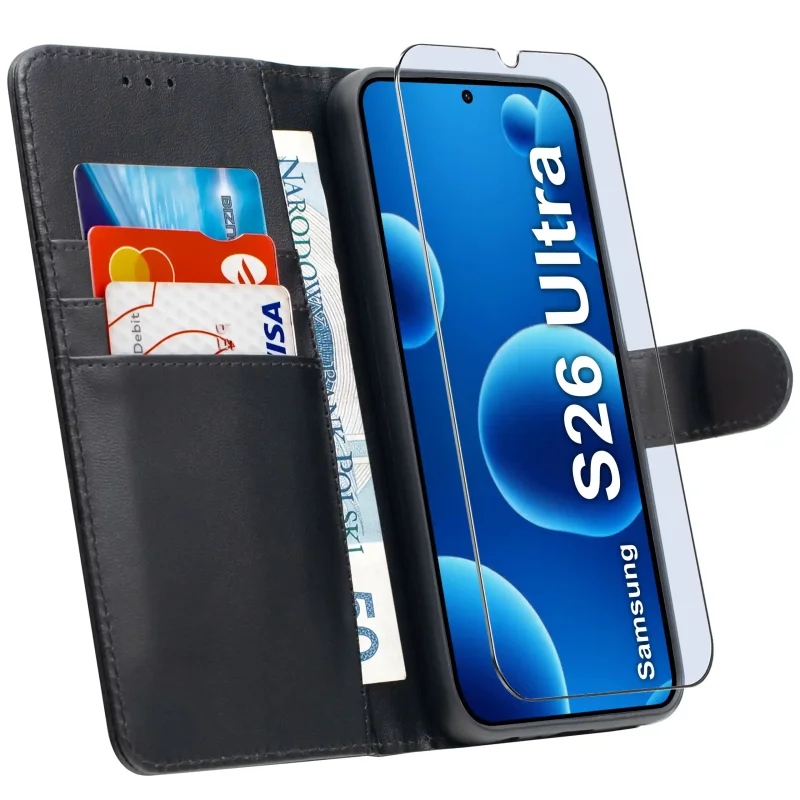 Etui skórzane do Samsung Galaxy S26 Ultra z kieszonkami na karty, funkcją stojaka i szkłem hartowanym 9H