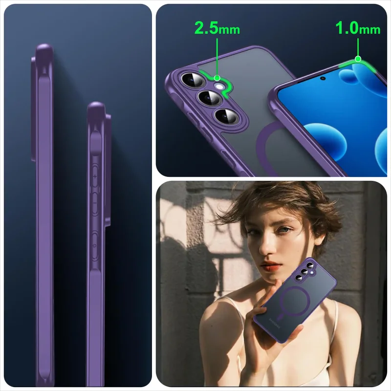 Fioletowe etui do Samsung Galaxy S26 z podwyższonym rantem aparatu 2.5 mm i rantem ekranu 1.0 mm