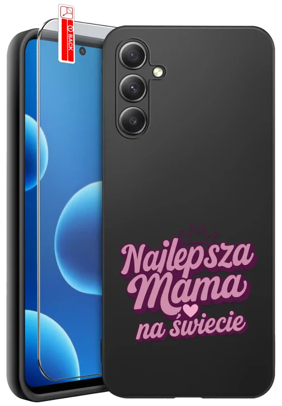 Etui dla Mamy do Samsung Galaxy M55 5G z różowym nadrukiem Najlepsza Mama Na Świecie: czarne matowe wykończenie oraz szkło hartowane 9H w zestawie