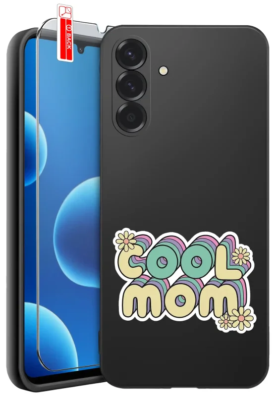 Etui dla Mamy do Samsung Galaxy A26 5G z napisem Cool Mom: czarne matowe wykończenie oraz szkło hartowane 9H w zestawie