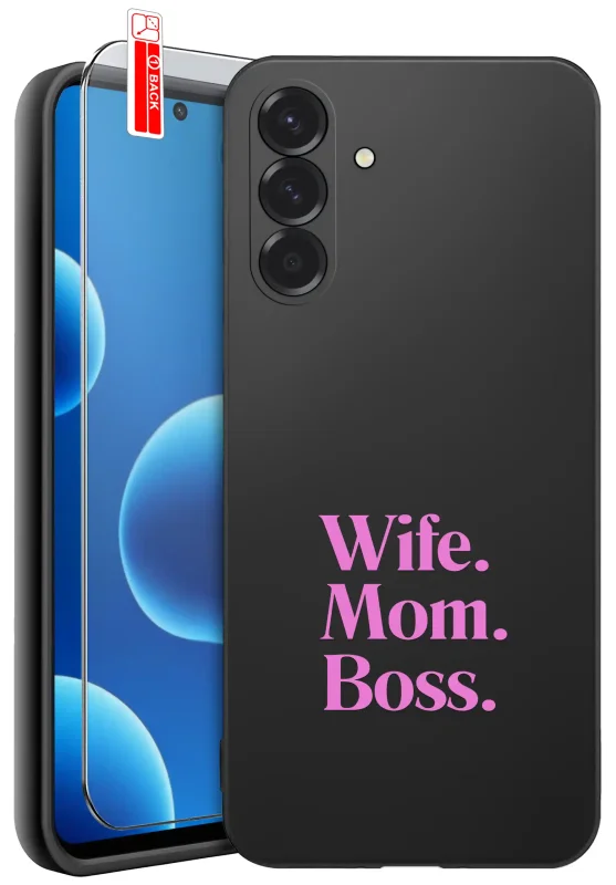 Etui dla Mamy do Samsung Galaxy A36 / A37 5G z nadrukiem Wife. Mom. Boss.: czarne matowe wykończenie oraz szkło hartowane 9H w zestawie