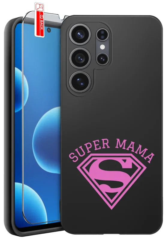 Etui dla Mamy do Samsung Galaxy S26 Ultra z  różowym nadrukiem Super Mama: czarne matowe wykończenie oraz szkło hartowane 9H w zestawie