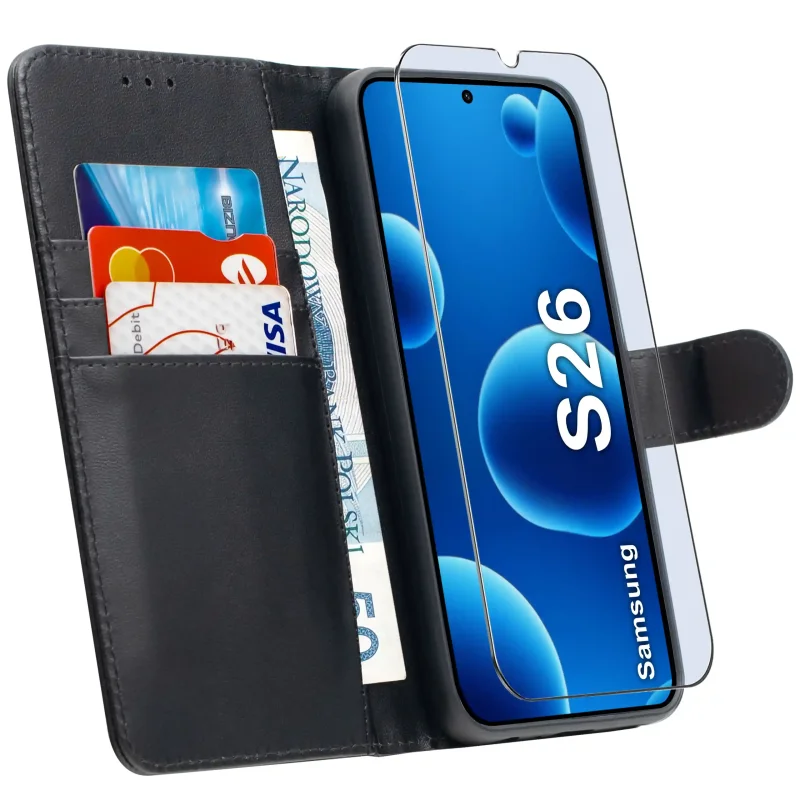 Etui skórzane do Samsung Galaxy S26 z kieszonkami na karty, funkcją stojaka i szkłem hartowanym 9H