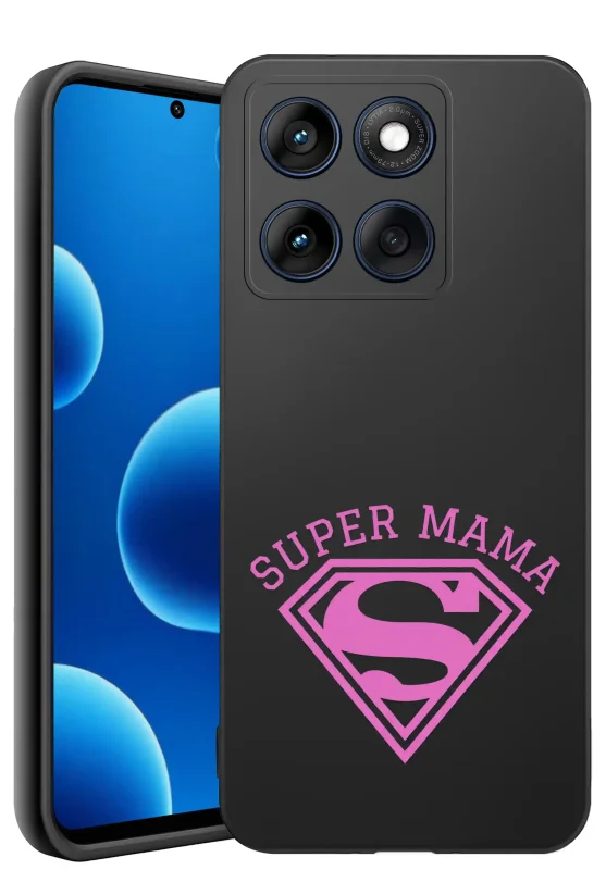 Etui dla Mamy do Motorola Edge 60 / 60 Fusion z  różowym nadrukiem Super Mama: czarne matowe wykończenie