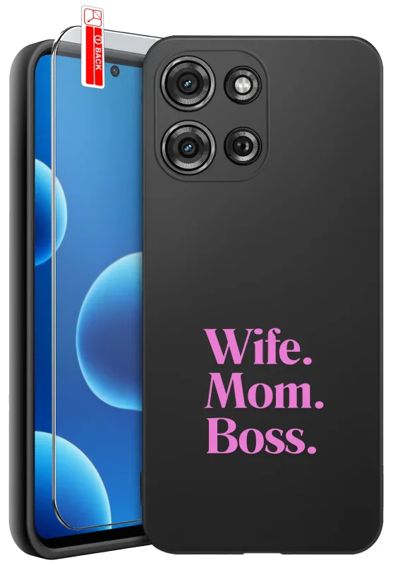 Etui dla Mamy do Motorola Moto G75 5G z nadrukiem Wife. Mom. Boss.: czarne matowe wykończenie oraz szkło hartowane 9H w zestawie