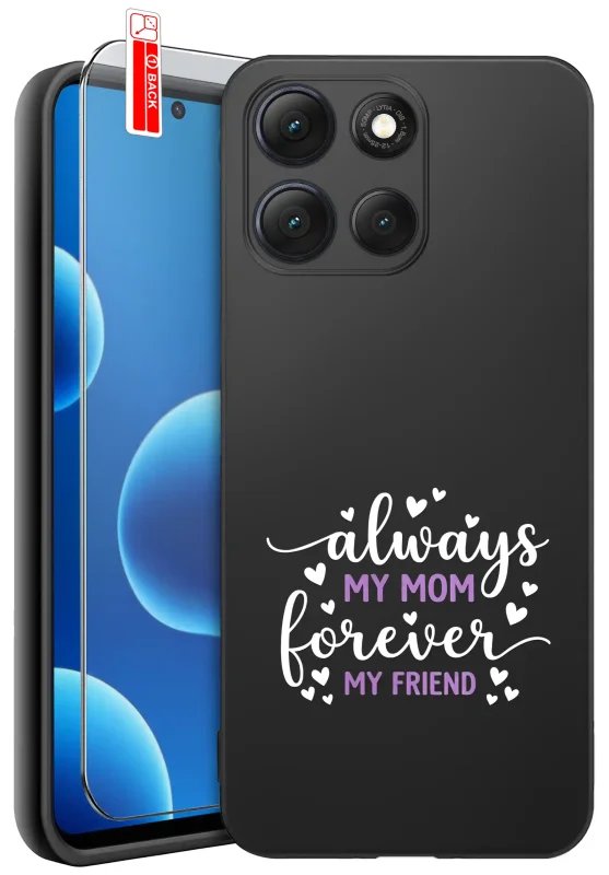 Etui dla Mamy do Motorola Moto G86 z napisem Always my mom, forever my friend: czarne matowe wykończenie oraz szkło hartowane 9H w zestawie