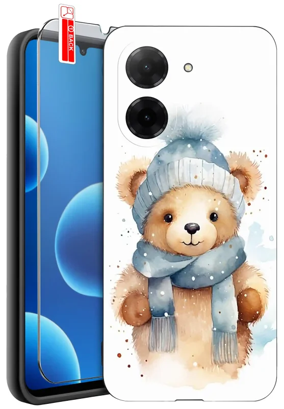 Etui świąteczne do Xiaomi Redmi A5 z nadrukiem misia w niebieskiej czapce i szaliku, silikonowe plecki z zimowym wzorem i szkło hartowane w zestawie