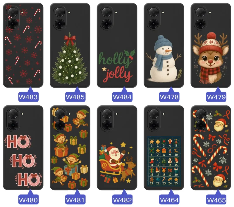 Kolekcja wzorów świątecznych i zimowych na Xiaomi Redmi A5: renifery, bałwany, choinki, Mikołaje, świąteczne napisy