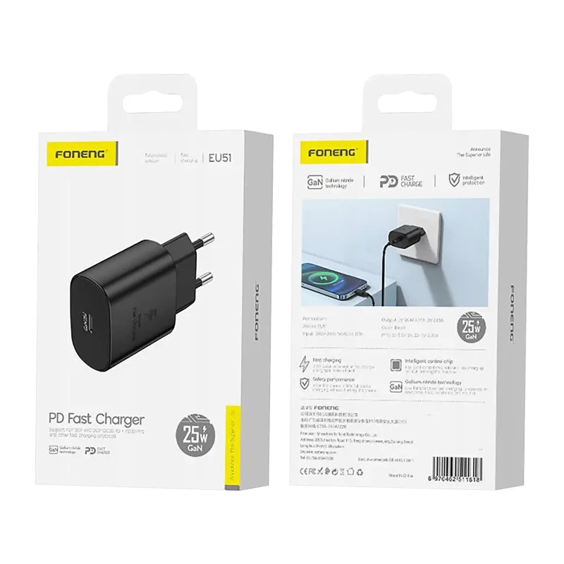 Opakowanie ładowarki Foneng EU51 25W GaN USB-C – przód i tył pudełka produktu