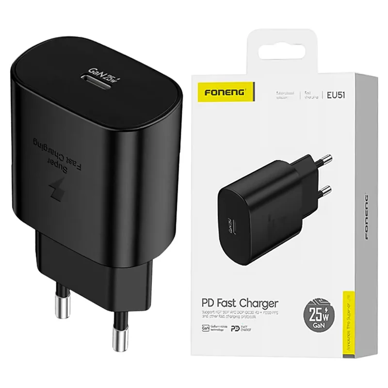 Szybka ładowarka sieciowa Foneng EU51 USB-C 25W GaN czarna z opakowaniem produktu