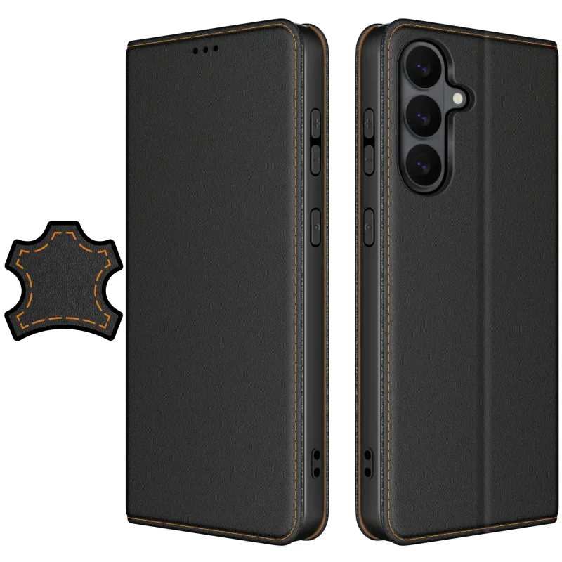 Czarne skórzane etui z klapką do Samsung Galaxy S26+ Plus pokazane z przodu i z tyłu